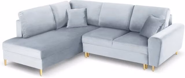 Divano angolare convertibile con contenitore Kyoto Cosmopolitan Design in velluto azzurro e oro, 5 posti, L 243 x P 124,6 x H 88 cm