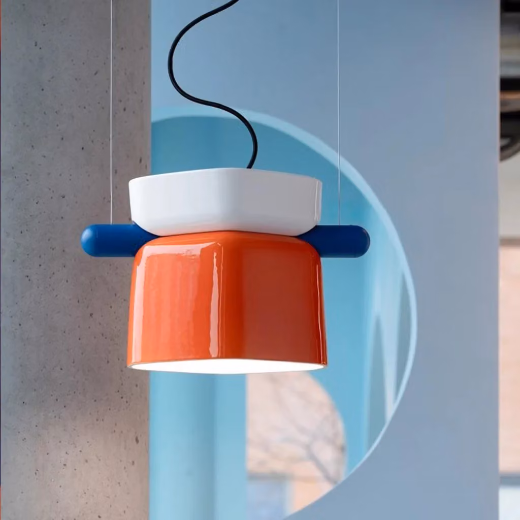 Lampada a sospensione Ferroluce Yakitori in ceramica e metallo, design Art Déco, colori bianco, arancio e blu, attacco E27 – 2