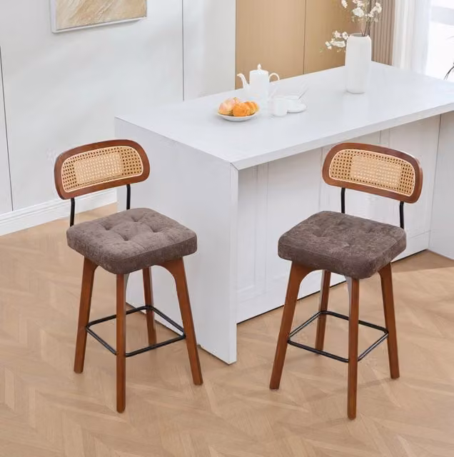 Set di 2 Sgabelli da Bar in Chenille 44x51x96 cm Girevoli a 360° con Schienale in Rattan; Marrone Caffè; per Cucina e Bar