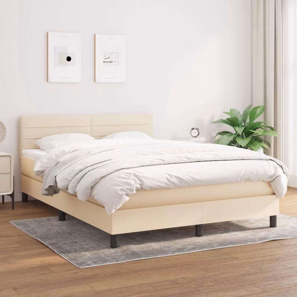 vidaXL Letto Ibrido con Giroletto a Molle e Materasso in Tessuto Beige e Bianco, L/P/H: 193 x 144 x 88 cm – 1