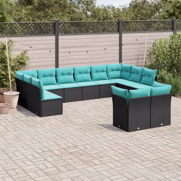 Set di divani da giardino vidaXL a forma di U composto da 12 pezzi con cuscini blu e struttura in rattan e metallo nero