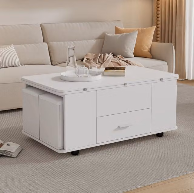 Tavolino multifunzione 100x50x45 cm; piano sollevabile con 4 sgabelli; truciolato; bianco