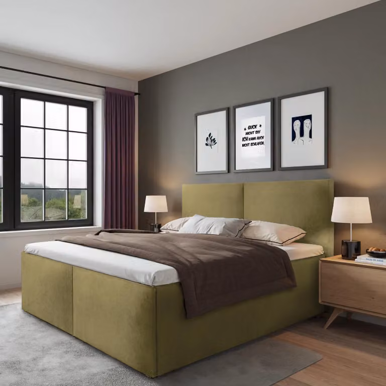 Letto imbottito Milano giallo curry 200 x 200 x 32 cm con vano contenitore, con materasso di alta qualità H2 (fino a 100 kg) e rete a doghe