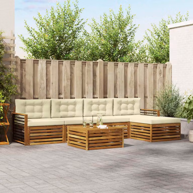 Set di divani da esterno vidaXL in legno di acacia con cuscini, componibile a L, colore beige e bianco, 6 pezzi