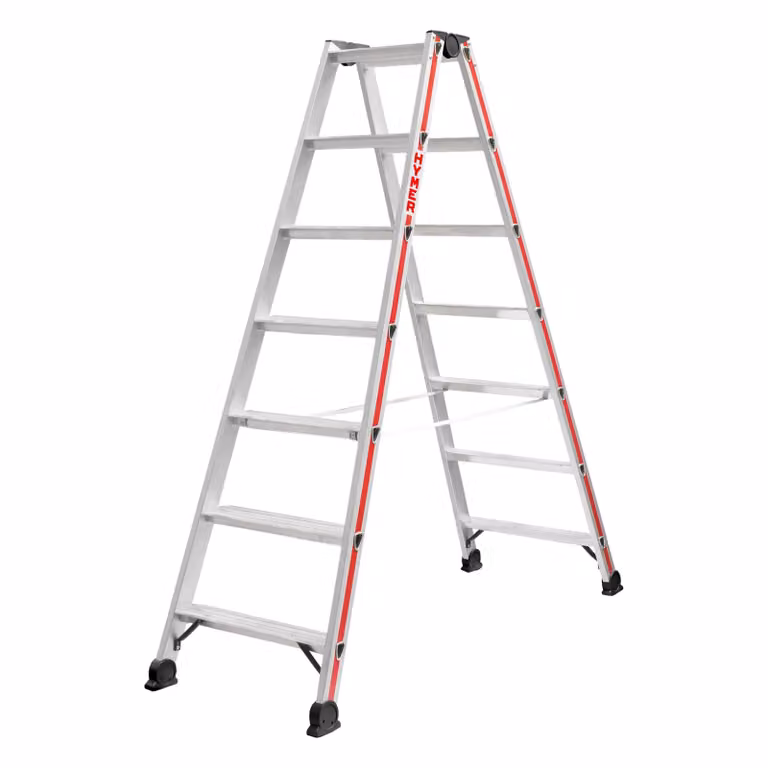 Scaletta Hymer, accesso bilaterale, 2x7 gradini, altezza di abbassamento 1,61 m, altezza di sbraccio 3,12 m, peso 8,0 kg