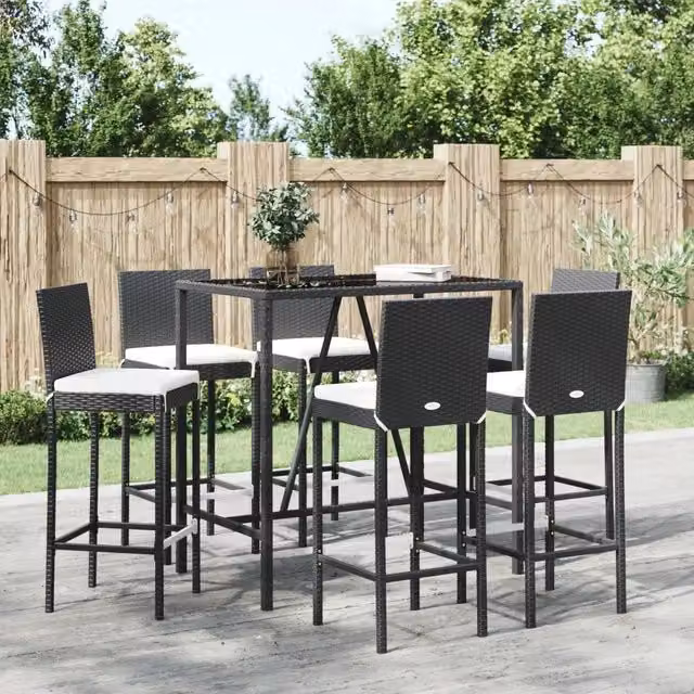 Set Bar da Giardino 7 pz con Cuscini in Polyrattan Nero 3187645