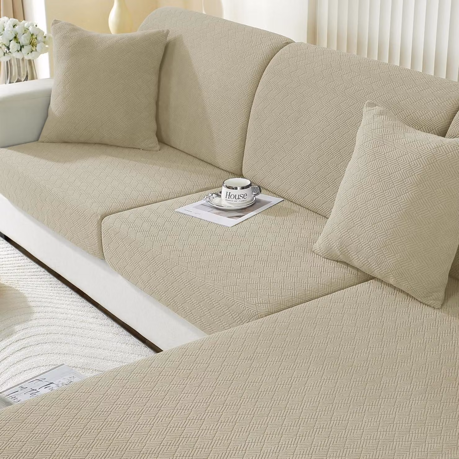 Copertura per cuscino da seduta, elasticizzata, color kaki, per 1 posto * 3 posti + chaise longue