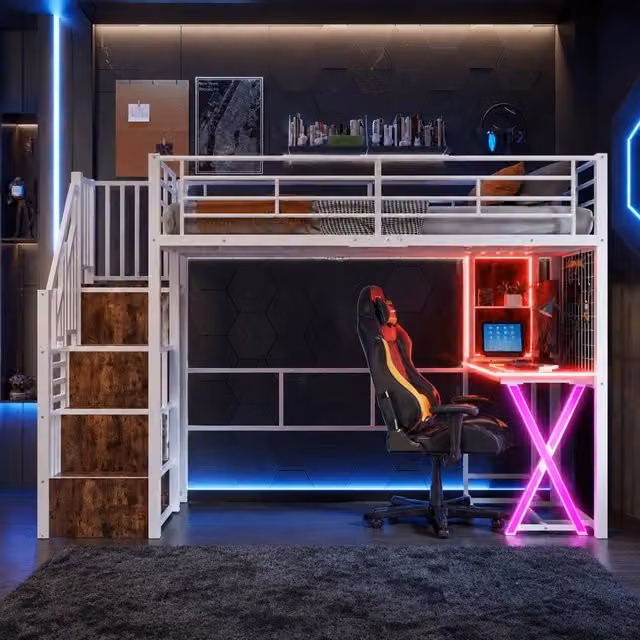Letto a soppalco 90x200 cm con scrivania; armadio; scala contenitore e LED bianco