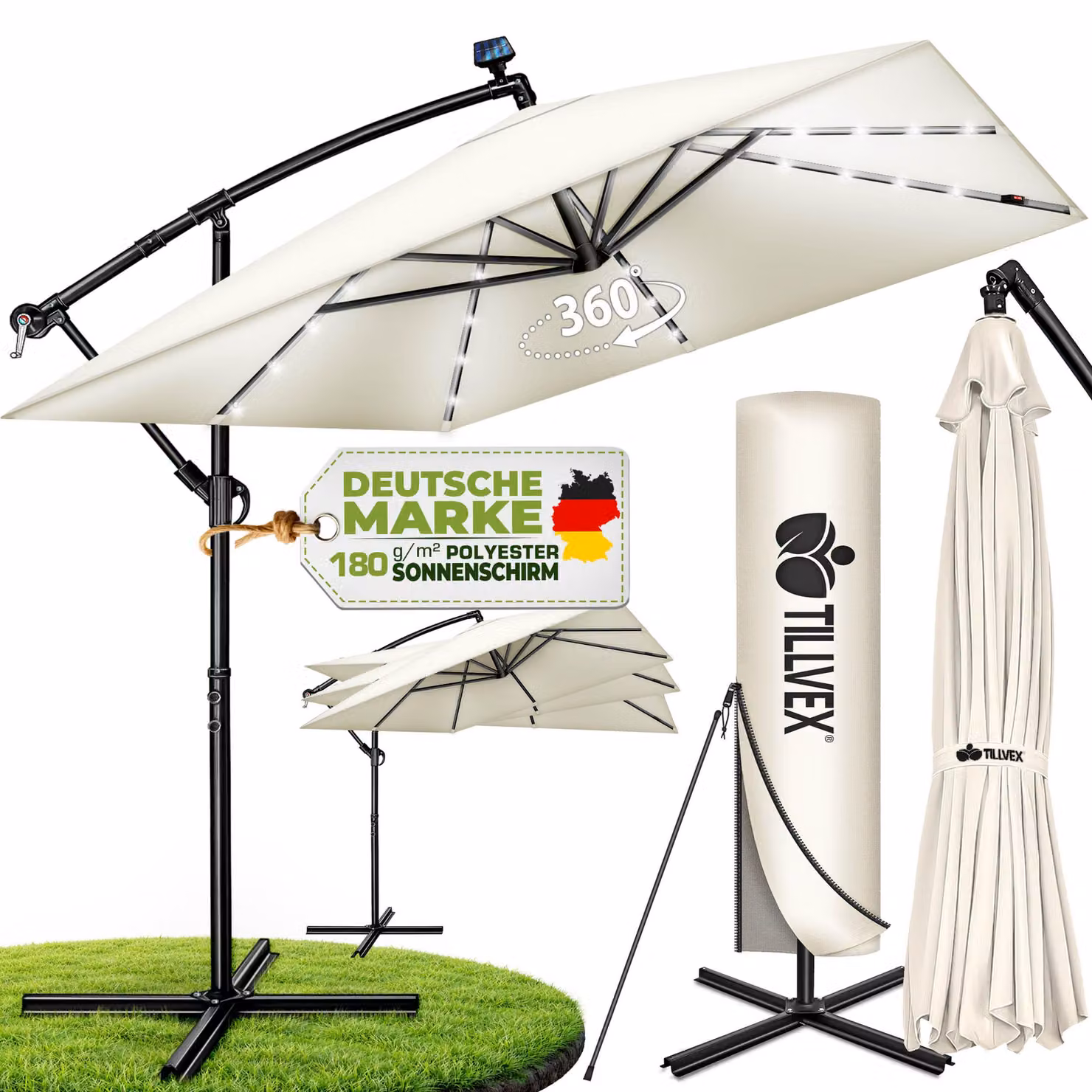tillvex® Parasole rettangolare in alluminio, diametro 330 cm, con luci LED solari, colore blu navy + copertina con manovella | Parasole a gondola con supporto | Parasole da giardino con protezione UV, impermeabile, rotazione a 360° | Parasole con manovell