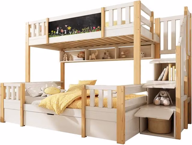 Letto a castello 90x200 e 140x200 cm con cassetti e scala contenitore; bianco naturale