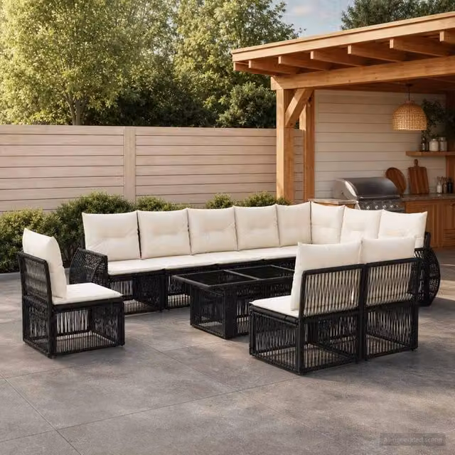 Set Divano da Giardino 11 pz Nero e Bianco Crema polyrattan 3436957