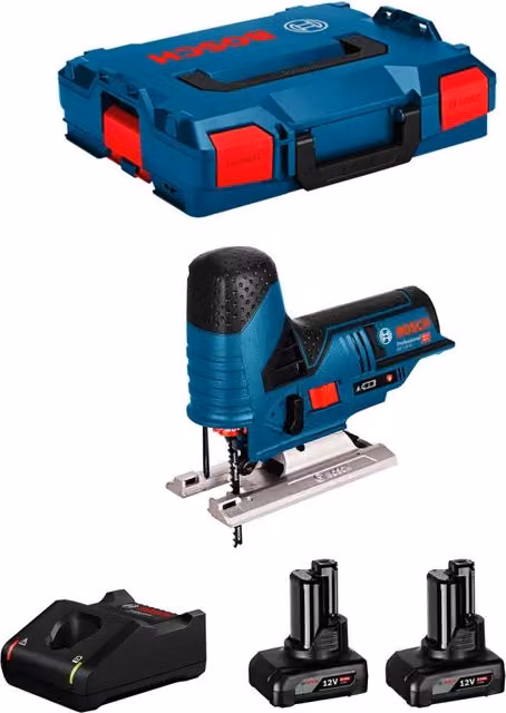 Seghetto Alternativo Bosch GST 12V-70 con 2 batterie da 6,0 Ah, caricabatterie GAL12V-40 e L-Boxx 102, Blu