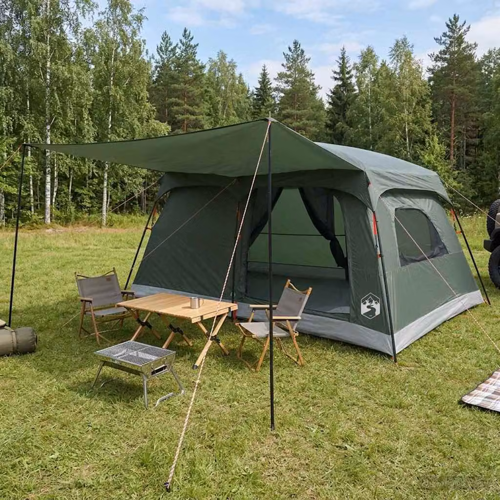 Tenda Familiare vidaXL per 10 Adulti, Verde Militare, Poliestere e Acciaio, L/P/H: 420 x 315 x 208 cm