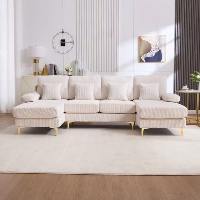 Divano ad U con LED e Porta USB-C ¨C MINIMAL ¨C Beige, Legno Massello, 4 Cuscini