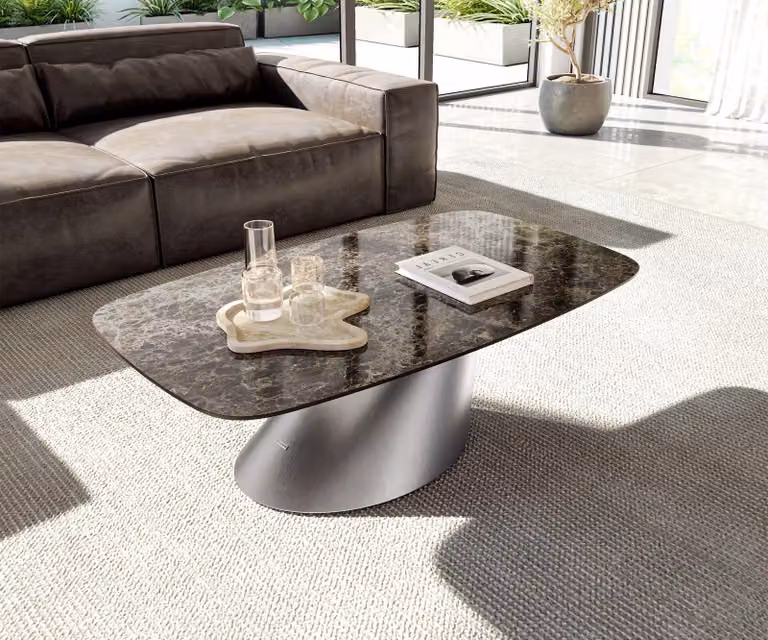 DELIFE Tavolino da divano Edge Boot, 120x70 cm, piano in Vetroceramica Emperador extra lucida, marrone scuro, struttura in acciaio inossidabile spazzolato
