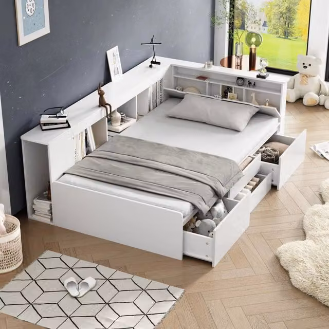 Letto singolo per bambini 90x200 cm con 4 cassetti; libreria e vani contenitore in MDF bianco
