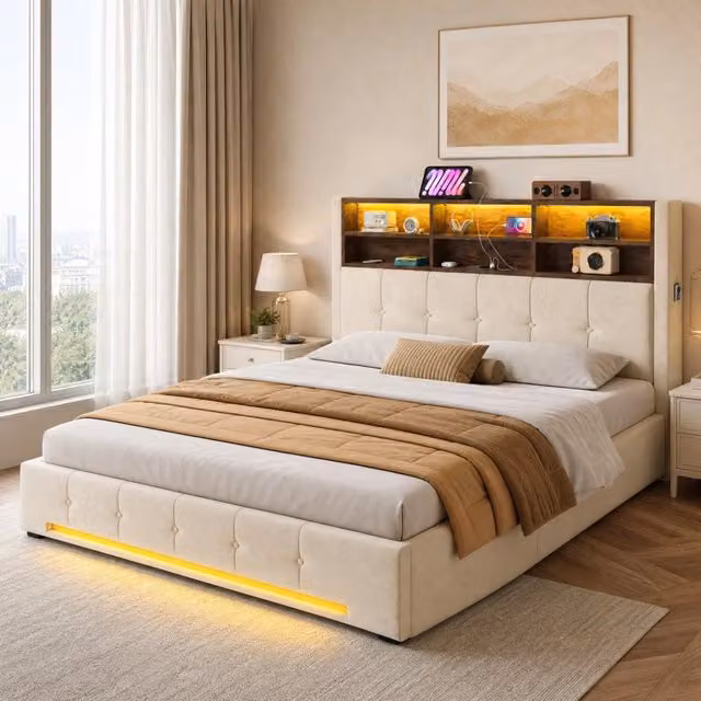 Letto contenitore Mivray in velluto beige con testiera con vani portaoggetti, porte USB, illuminazione LED e sistema di sollevamento idraulico, L/P: 160 x 200 cm