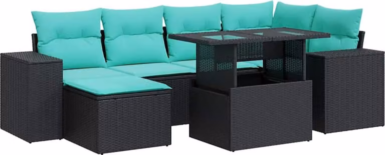 Set Divani da Giardino 9 pz con Cuscini Nero Polyrattan Acacia