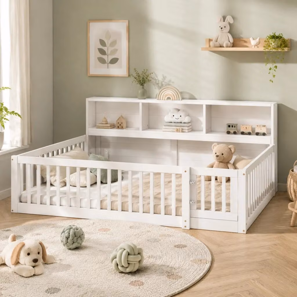Daybed per bambini con sponde di sicurezza e vano laterale, bianco, L/P/H: 140 x 200 cm – 2
