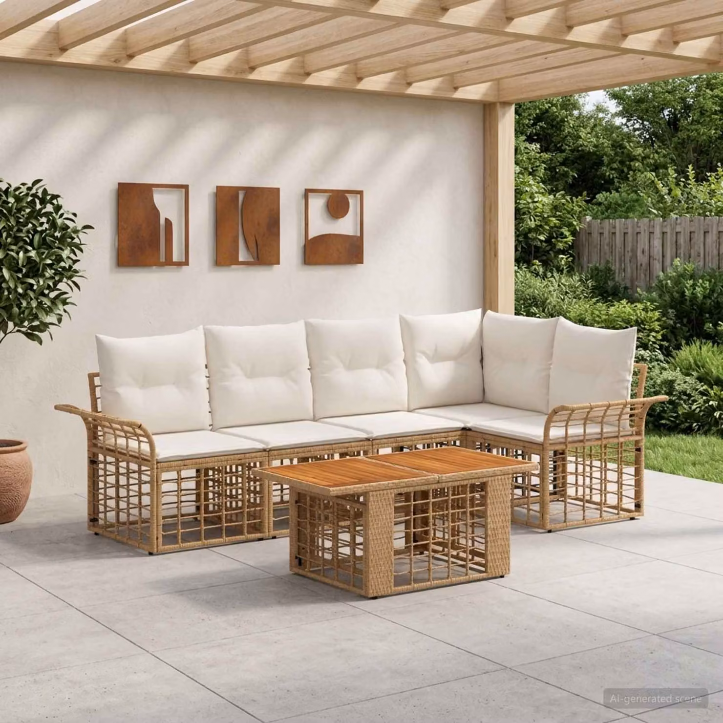 Set Divano da Giardino vidaXL in Polyrattan 6 Pezzi con Tavolino e Cuscini, Design Moderno a L, Colore Naturale e Bianco Crema