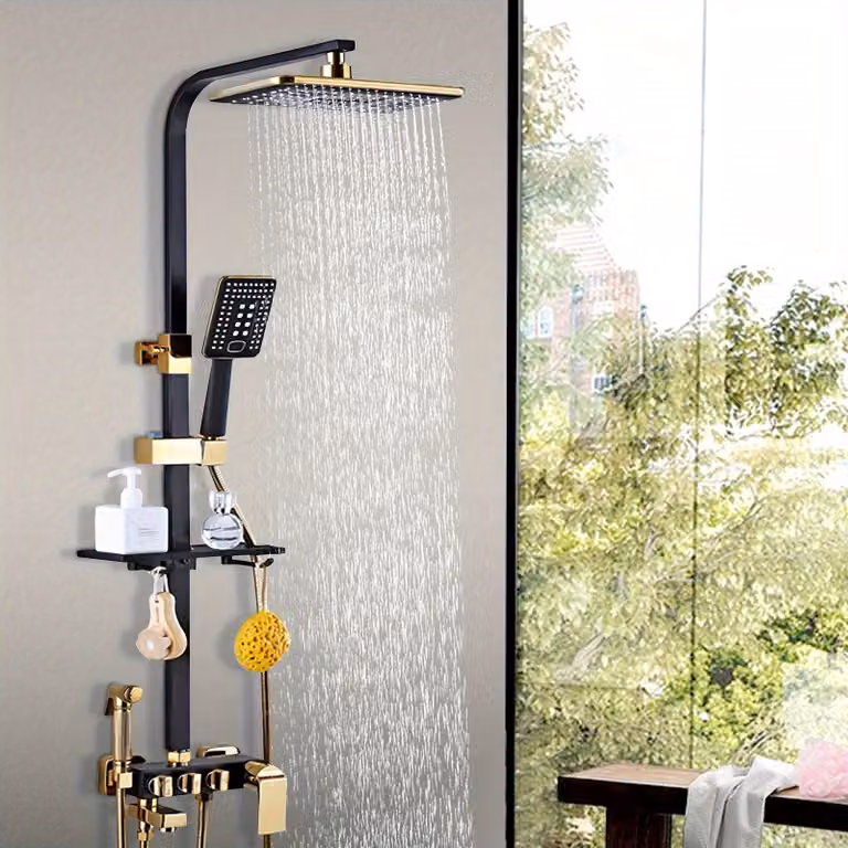 Doccia a soffitto - Set doccia - Doccetta manuale - Miscelatore per doccia - Sistema doccia - Nero e oro - Altezza regolabile