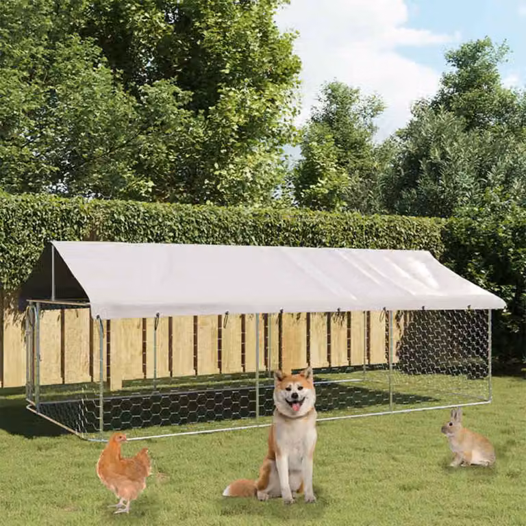 Gabbia per cani da esterno vidaXL con tetto impermeabile in metallo argento L: 400 cm, P: 200 cm, H: 150 cm