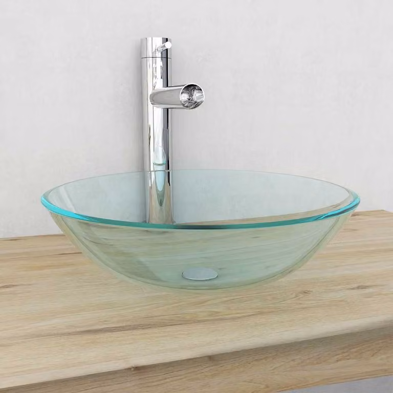 vidaXL Lavandino in Vetro Temprato Trasparente con Dettagli Argento, Diametro: 42 cm