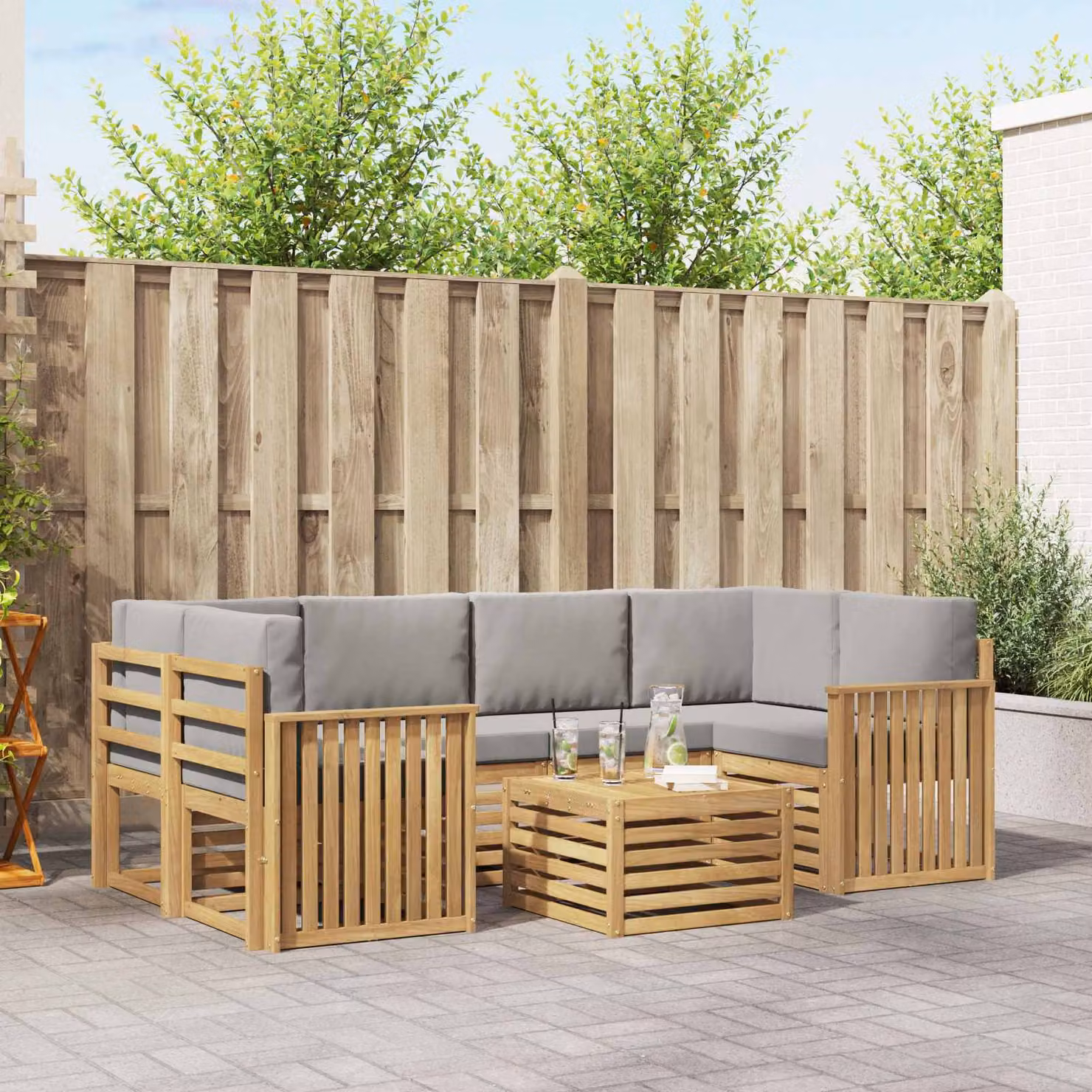 Set di divani da esterno vidaXL 7 pezzi in legno di acacia con cuscini Bianco e Grigio