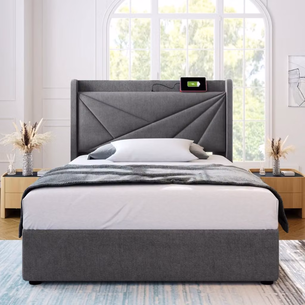 Letto singolo contenitore moderno con materasso ibrido incluso, porte di ricarica USB e Type-C, struttura in tessuto e metallo, grigio, L/P/H: 90 x 200 x 107 cm – 2