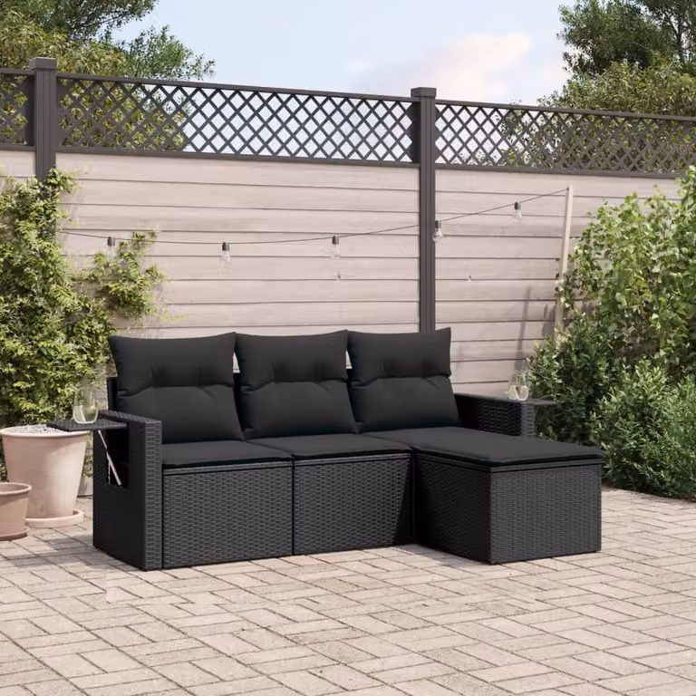 Set di divani da giardino vidaXL in polyrattan nero con cuscini e tavolino da esterno a forma di L