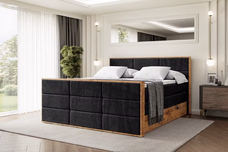 Letto boxspring ALTDECOR con materasso e rete a doghe, topper, pediera, letto imbottito con contenitore, letto con spazio contenitivo, materassi H3 e H4, letto matrimoniale -LOLLI1-Z KING-160x200 - Nero Casablanca