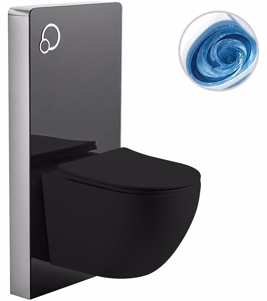 CERANO - Set completo per WC con cassetta di scarico - nero opaco + WC sospeso Cesso, Vortex Rimless + sedile Slim/UF - nero opaco - 49x36 cm