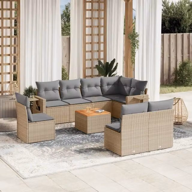 Set Divano da Giardino 9 pz con Cuscini Beige in Polyrattan 3224603