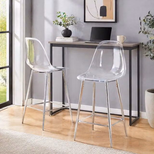 Sgabello da bar OKWISH trasparente con struttura in metallo argento e poggiapiedi, design moderno in plastica – 1