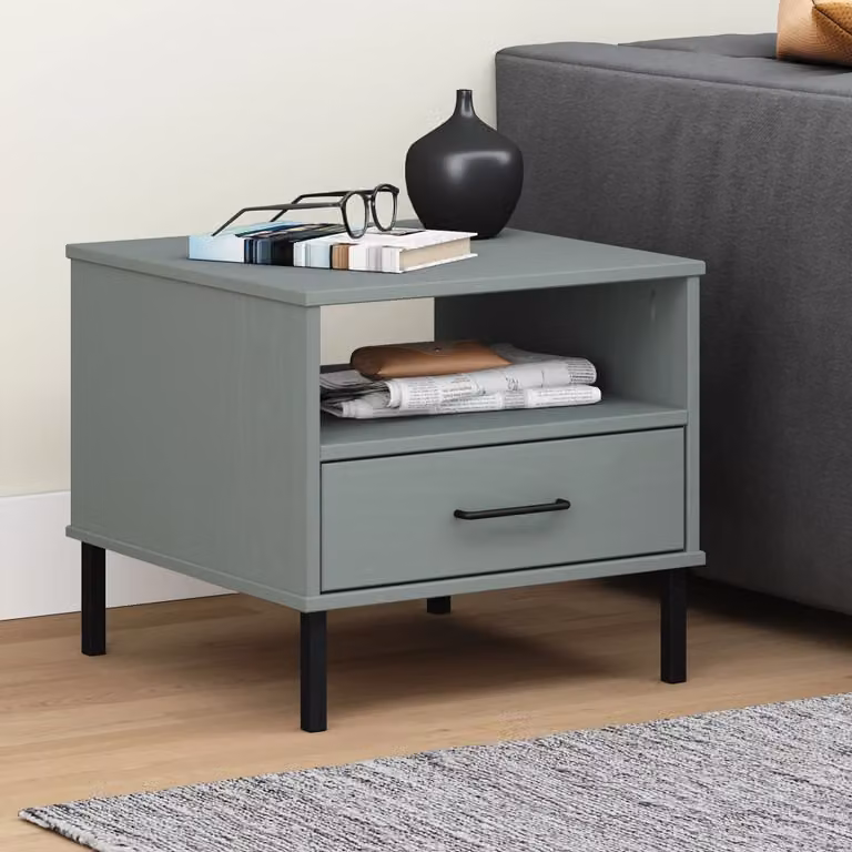 Comodino in legno di pino massello e metallo stile industrial vidaXL OSLO Grigio