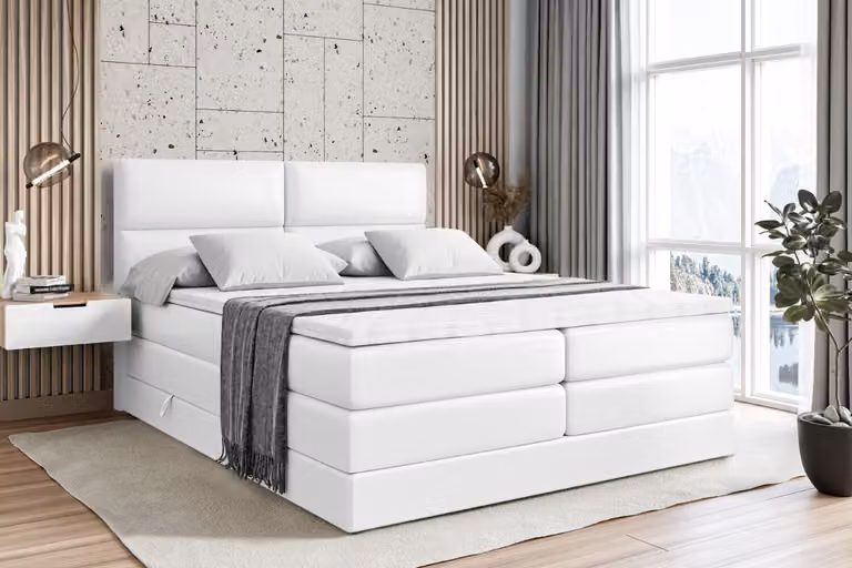 Letto boxspring ALTDECOR con 2 materassi e topper - 160x200 cm - BOXI3 KING - Pelle finta bianca - Letto imbottito con materassi H3 e H4, contenitore e rete a doghe, letto con spazio contenitivo