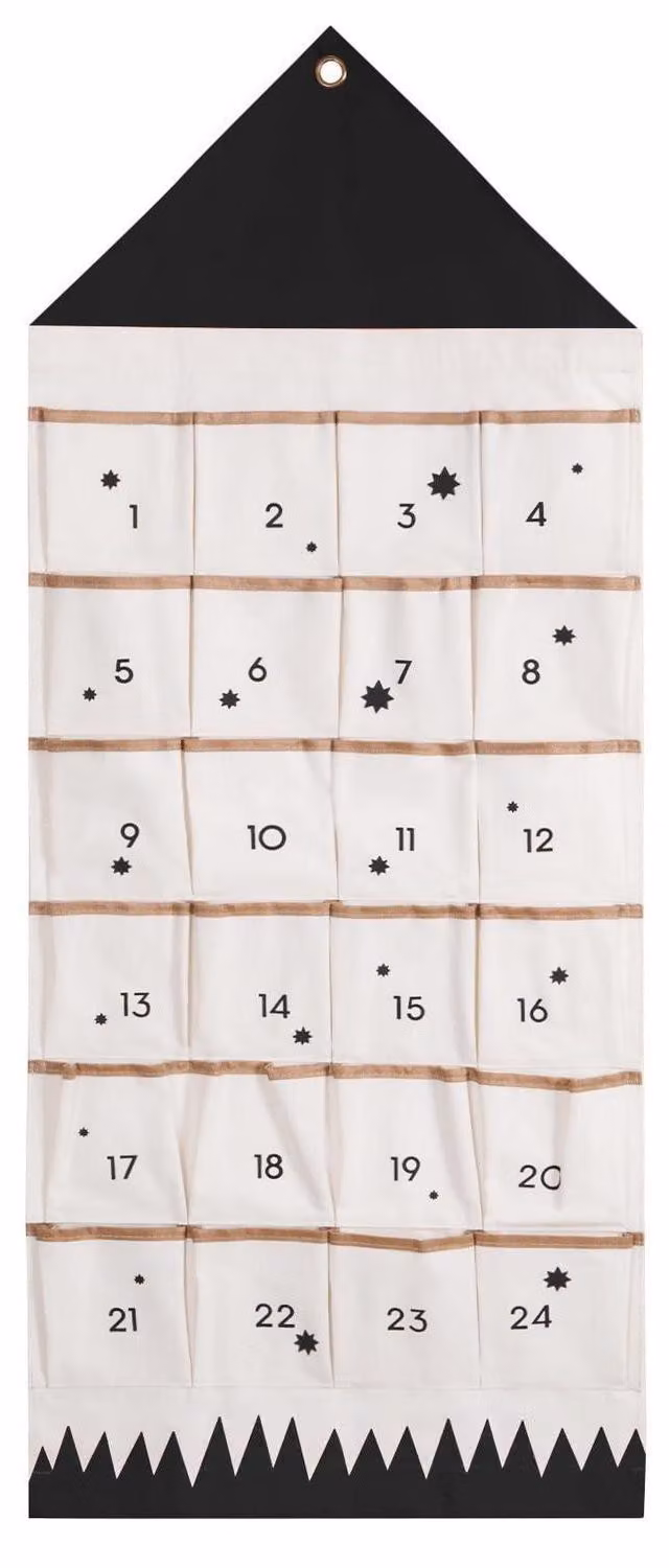 Calendario dell'Avvento in tessuto, con 24 tasche, riutilizzabile, colore nero, dimensioni 118x48 cm