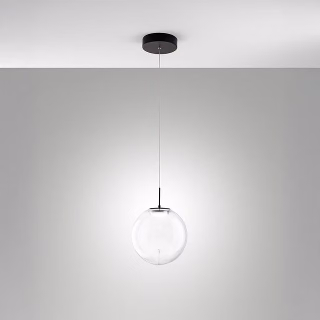 Lampada a sospensione Fabas Ariel in vetro trasparente e nero con tecnologia LED dimmabile