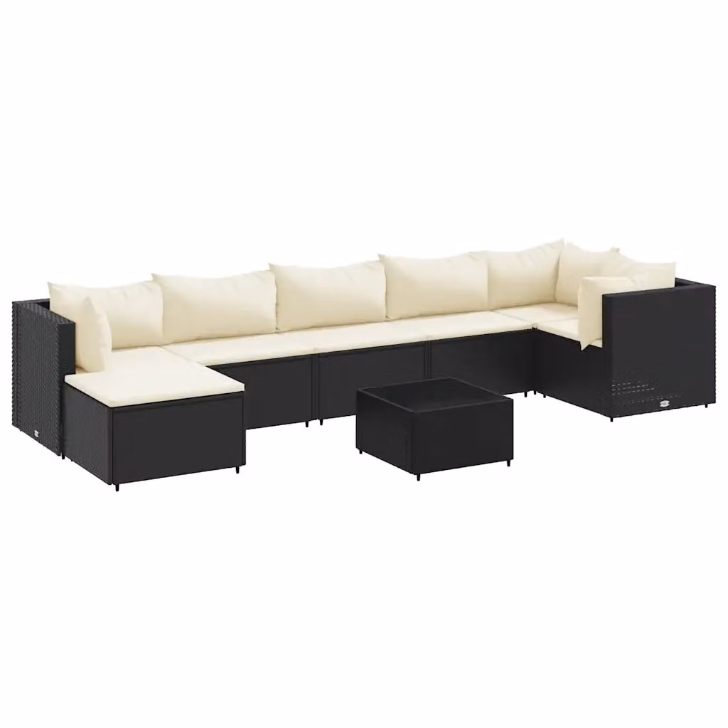 Set Mobili da Giardino vidaXL a Forma di L con 8 Pezzi, Polyrattan Nero e Bianco con Cuscini Imbottiti e Tavolino in Vetro – 2