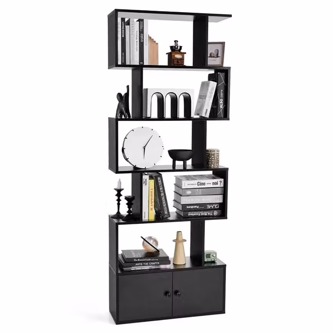 Libreria Design Mania a forma di S con 5 livelli e ante in legno MDF, scaffale decorativo moderno per soggiorno, camera da letto o ufficio, H: 183 cm x L: 70 cm x P: 23 cm – 2