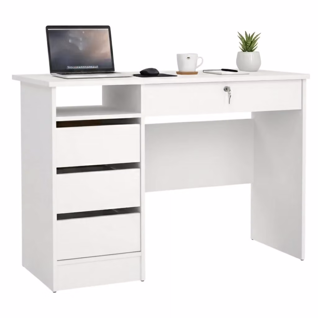 Scrivania Franklin DMORA per ufficio e casa, Tavolo porta PC moderno con cassettiera, Bianco opaco, L: 109 cm, P: 49 cm, H: 76 cm – 2