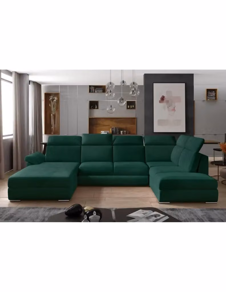 Divano panoramico convertibile MAJESTA di MEUBLORAMA, modello a U con angolo sinistro, rivestimento in velluto verde, con funzione letto e poggiatesta regolabile, L: 336 cm, P: 102 cm, H: 76 cm – 2