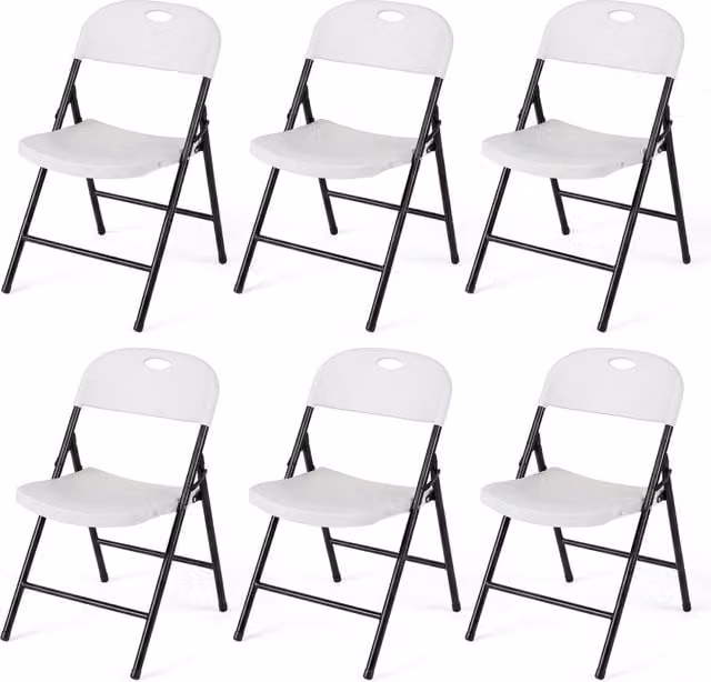 Set di 6 sedie pieghevoli impilabili in plastica e metallo con finitura opaca per cucina, sala da pranzo o ufficio, L: 43 cm, P: 44 cm, H: 77 cm