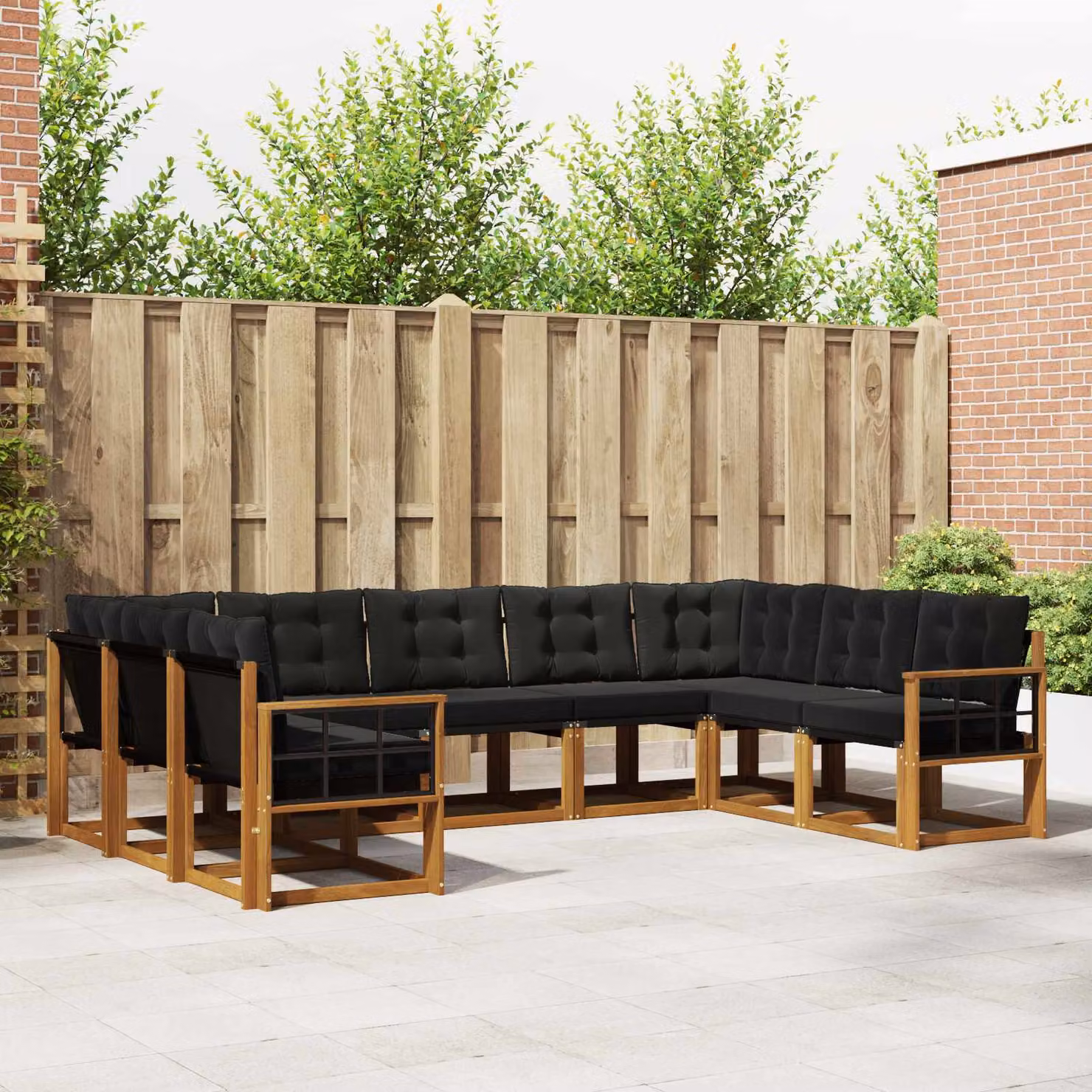Set di divani da esterno vidaXL a forma di U composto da 9 pezzi in legno di acacia con cuscini in tessuto textilene, colore marrone e nero