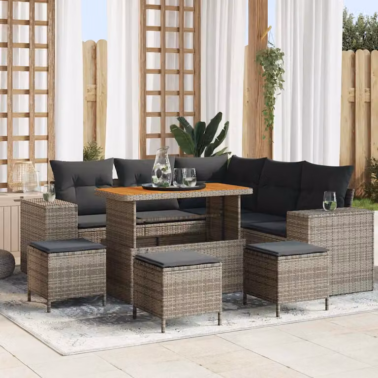 Set Divano da Giardino vidaXL a Forma di L con 9 Pezzi, Grigio, con Cuscini e Tavolino, Struttura in Acciaio e Polyrattan