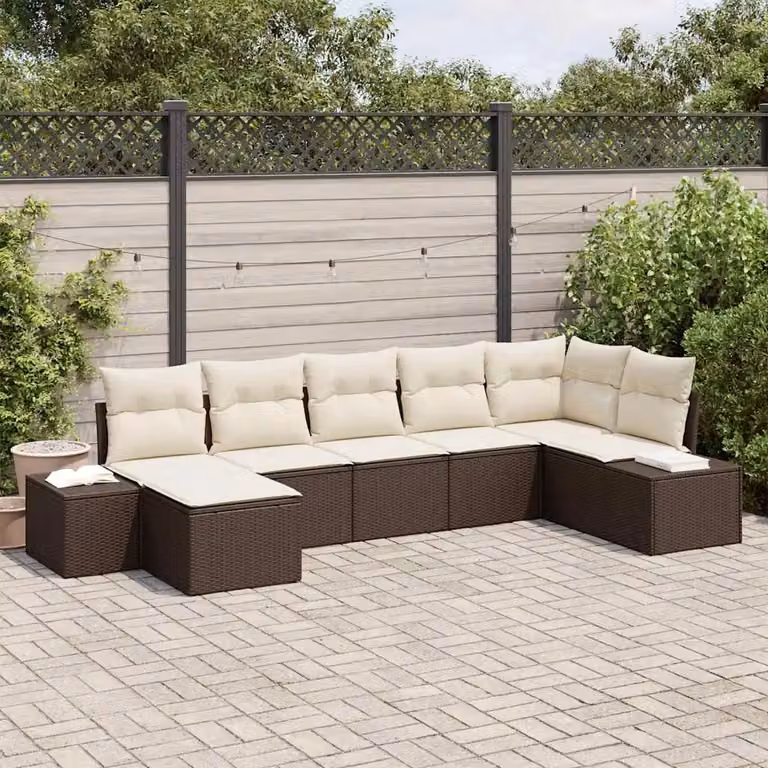 Set Divano da Giardino vidaXL 7 pz Marrone in Polyrattan con Cuscini e Tavolino da Esterno