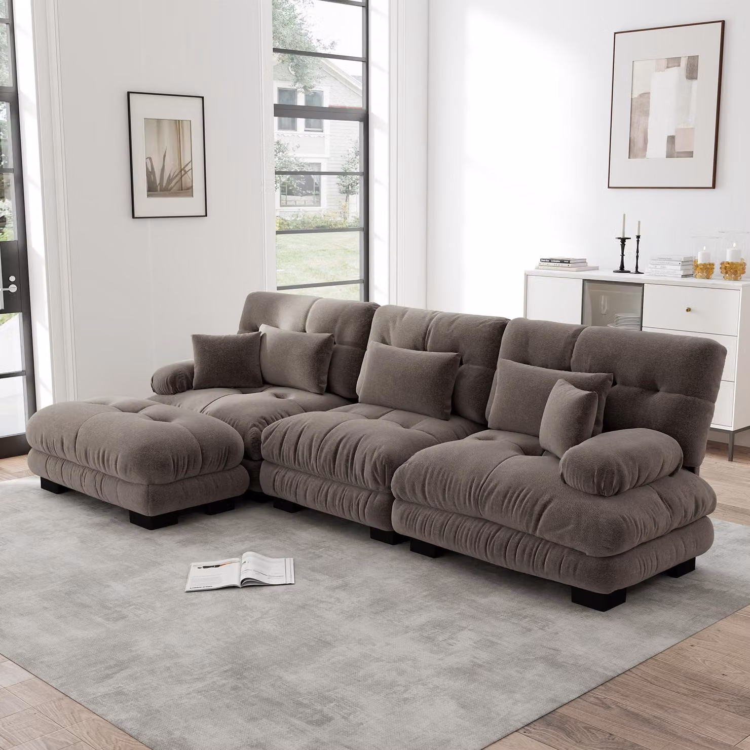 Divano angolare modulare modello "Cloud Couch", poggiapiedi, divano letto profondo, tessuto in chenille (rosa)