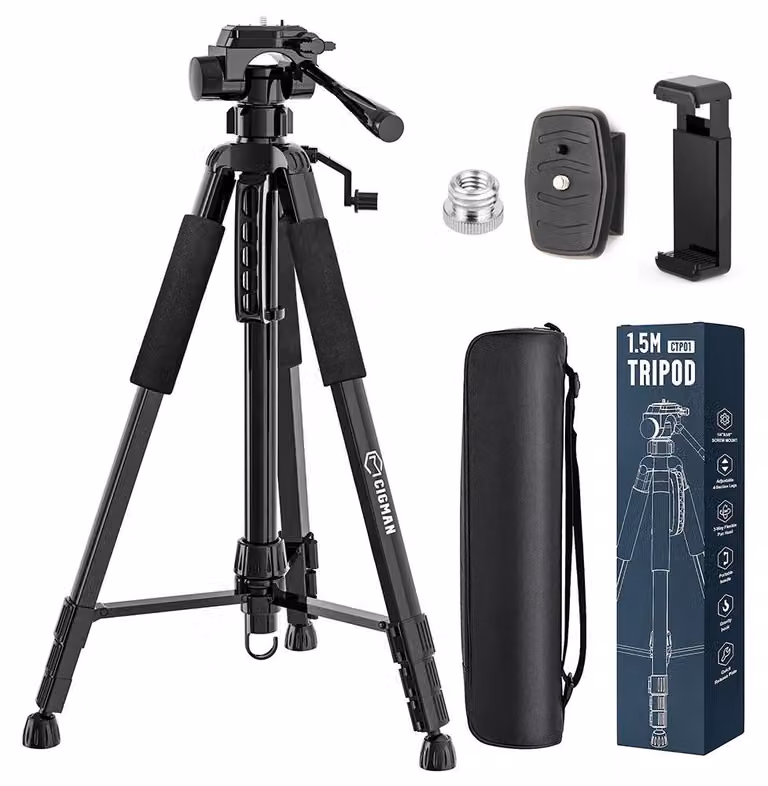 Treppiede per livella laser - Modello CTP01 - Altezza di lavoro fino a 1,5 metri - Testa panoramica a 3 vie con supporto per smartphone - Piastra di montaggio rapido con filettatura da 0,6 cm e adattatore da 1,6 cm - Piedini antiscivolo