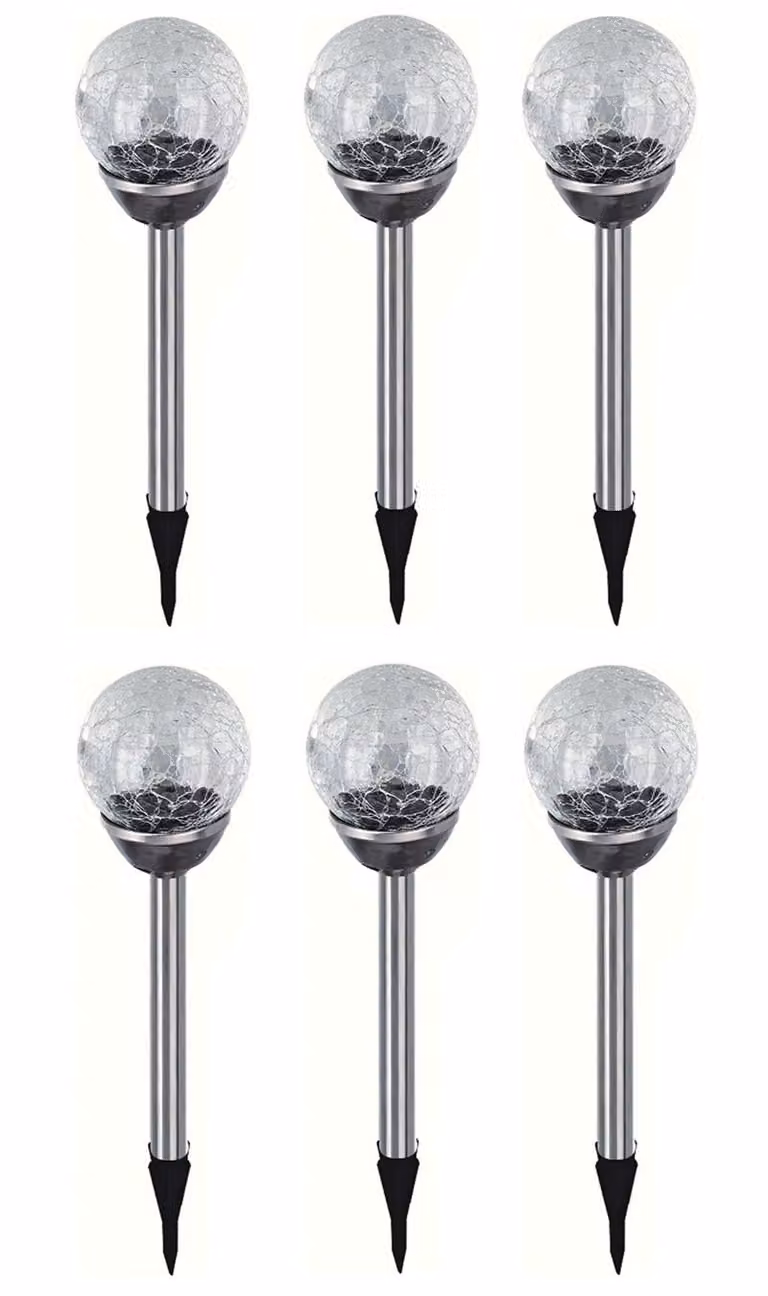 6 lampade da giardino a LED in acciaio inossidabile a forma di sfera con effetto "crackle", lampada solare, illuminazione decorativa da giardino, lampada bianca