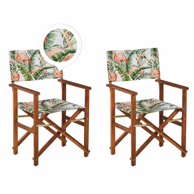 Set di 2 sedie da regista BELIANI in legno di acacia marrone scuro con tessuto floreale bianco sporco per giardino e terrazzo